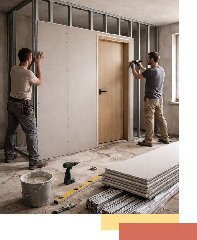 Перегородка из гипсокартона с дверью под ключ в Смоленске