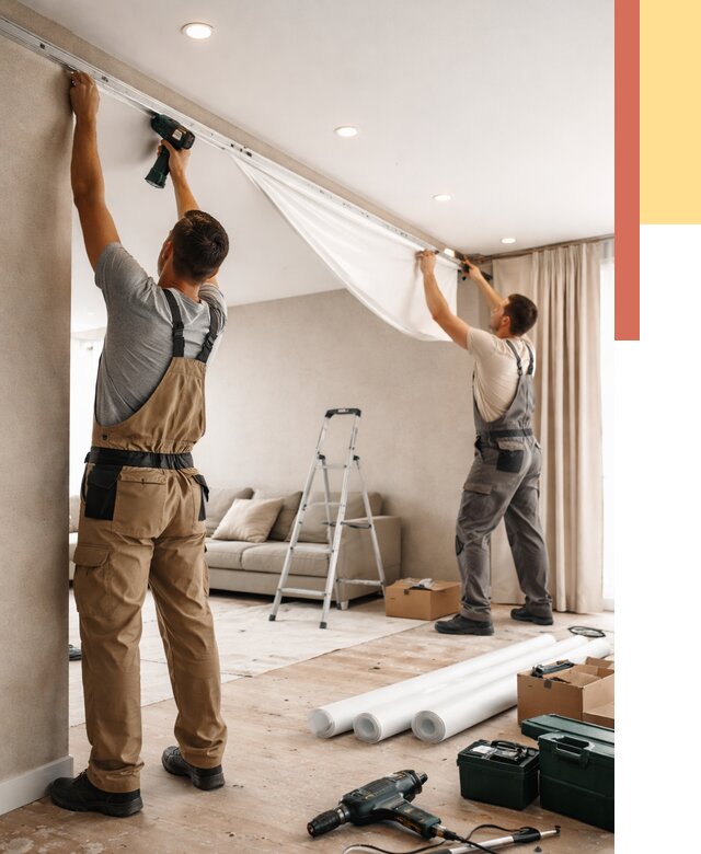 Монтаж натяжного потолка в гостиной в Смоленске от 564 руб. | ОТДЕЛОЧНИК-Смл