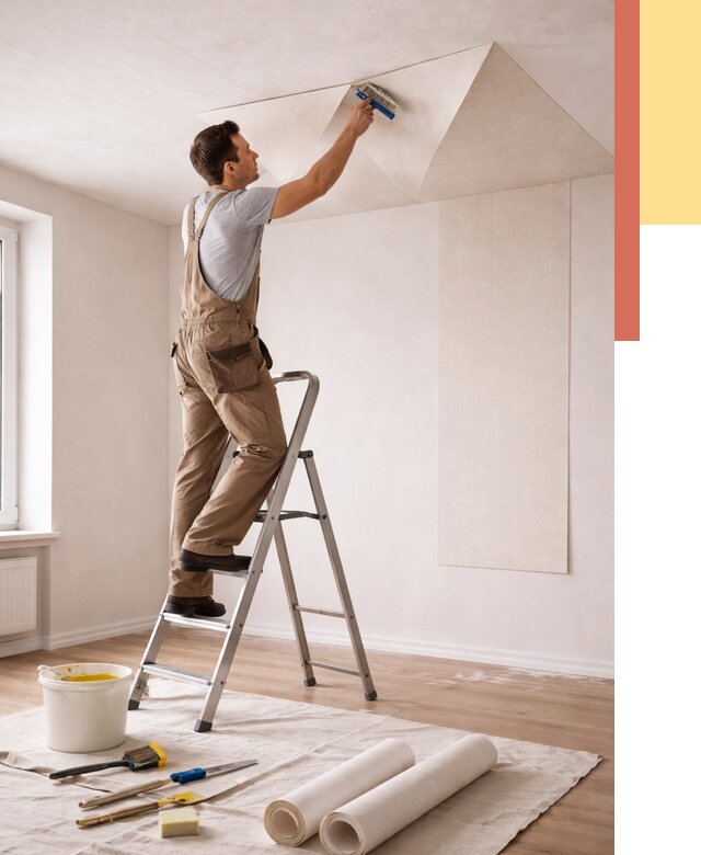 Поклейка обоев на потолок в Смоленске от 4615 руб. быстро и недорого | ОТДЕЛОЧНИК-Смл